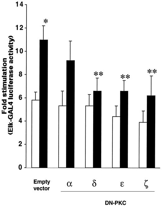 FIG. 6. The effects of DN-PKCs on ET-1 stimulation of Elk-GAL4 luciferase activity. MCs were transfected with pFA2–Elk-1 (encoding the GAL4 DNA binding domain fused to the Elk-1 transcriptional activation domain), pFr-luc (containing GAL4 binding sites fused to a luciferase reporter gene), and DN-PKCs or an empty pcDNA3 vector in NG or HG as described in research design and methods. □, NG + ET-1; ▪, HG + ET-1. *P < 0.002 vs. NG + ET-1; **P < 0.03 vs. HG + ET-1 in the absence of DN-PKCs.