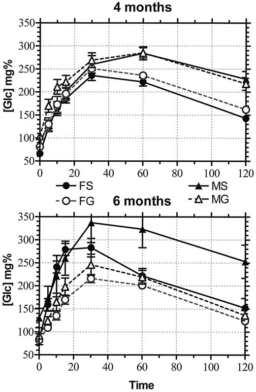 FIG. 4. Results of the IPGTT in CDs male rats that were subjected to orchiectomy (MG; n = 8) or sham operation (MS; n = 5) and in females that were subjected to orchiectomy (FG; n = 6) or sham operation (FS; n = 5). Animals were fed HSD and studied at 4 and 6 months. Data are presented as in Fig. 1.