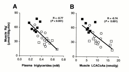 FIG. 4. Correlation of muscle Rg' with circulating triglyceride levels and local LCACoAs content in the clamp state. Data of plasma triglycerides are the averaged values from two separate blood samples in the last hour of the hyperinsulinemic-euglycemic clamp. The results for LCACoAs and Rg' were both obtained from red quadriceps muscle at the end of the hyperinsulinemic-euglycemic clamp. Results from the high fat-fed controls(□), WY14643 (○), or pioglitazone (▪) groups are pooled for the correlation analysis.