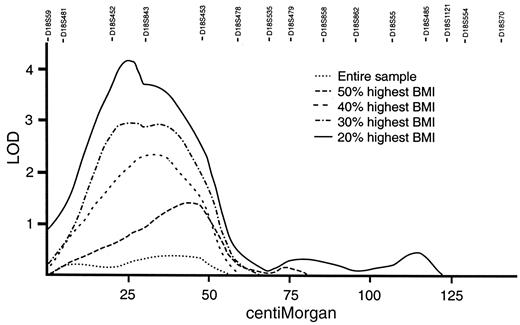 FIG. 1. Multipoint allele sharing analysis of the type 2 diabetes phenotype, stratified by pedigree mean age- and sex-adjusted BMI, using a 15-marker chromosome 18 framework map.