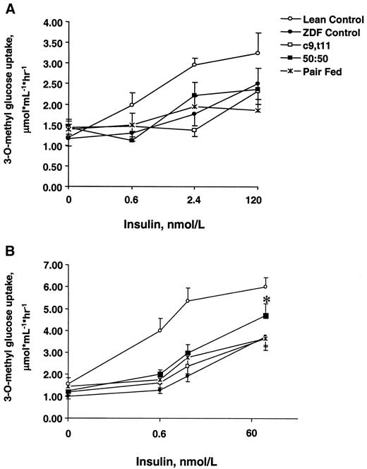 FIG. 3. Effect of dietary treatments on glucose transport in isolated EDL (A) and soleus (B) muscles of ZDF rats. Lean and ZDF rats were maintained on experimental diets as described in research design and methods. At the culmination of the study, EDL and soleus muscles were dissected, and transport of 3-O-methyl[3H]glucose was quantified in the absence (basal) and presence of increasing concentrations of insulin as described in research design and methods. Data are means ± SE. A: n = 5 lean controls; n = 7 ZDF controls; n = 9 c9,t11; n = 4 50:50; n = 5 pair-fed rats. B: n = 6 lean controls; n = 8 ZDF controls; n = 10 c9,t11; n = 5 50:50; n = 5 pair-fed rats. *P < 0.01 vs. ZDF control, c9,t11, and pair-fed rats.