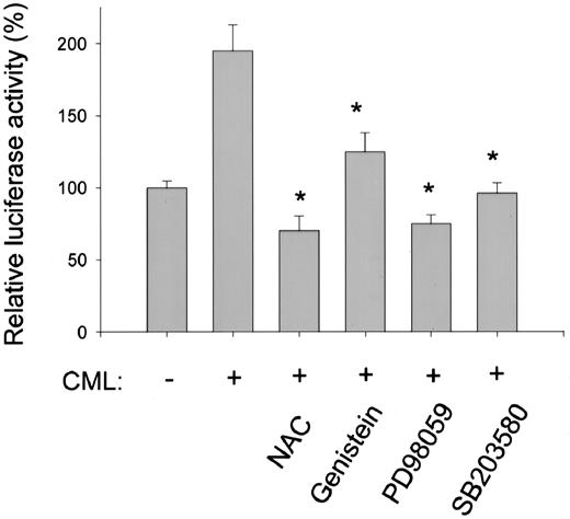 FIG. 3. Effects of N-acetyl-l-cysteine, genistein, PD98059, and SB203580 on NF-κB stimulation by CML-HSA. THP-1 cells transfected with the NF-κB reporter were preincubated with the antioxidant N-acetyl-l-cysteine (NAC, 500 μmol/l), a tyrosine kinase inhibitor genistein (100 μmol/l), an MEK-1 inhibitor (PD98059, 50 μmol/l), or a p38 inhibitor (SB203580, 10 μmol/l) at 37°C for 30 min. The cells were then exposed to 100 μg/ml CML-HSA for another 1 h and lysates were assayed for luciferase activity. NF-κB reporter activity with HSA treatment was defined as 100%. All values represent the means ± SE of at least three independent experiments (*P < 0.05).