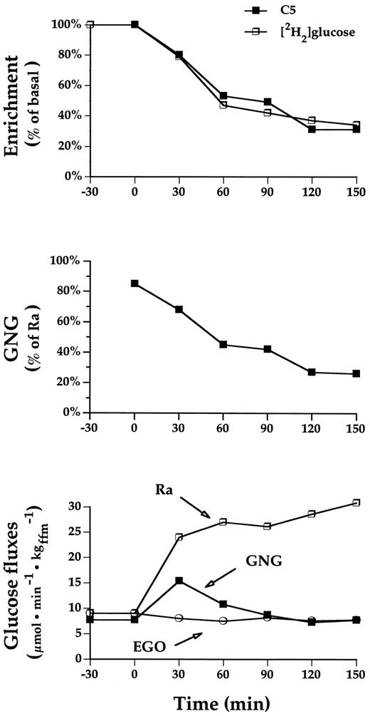 FIG. 1. C5 and 2H2 enrichment in plasma glucose (both expressed as percent of baseline), GNG (as a fraction of total rate of appearance), and whole-body glucose fluxes in an obese nondiabetic subject during 150 min of euglycemic hyperinsulinemia.