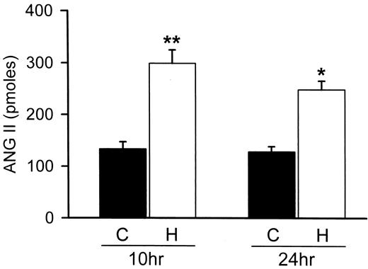 FIG. 5. Effect of 5 (▪; C) or 25 mmol/l glucose (□; H) on ANG II release from adult rat ventricular myocytes at 10 or 24 h. Data represent 6–10 independent observations. *P ≤ 0.05 C vs. H; **P ≤ 0.001 C vs. H.