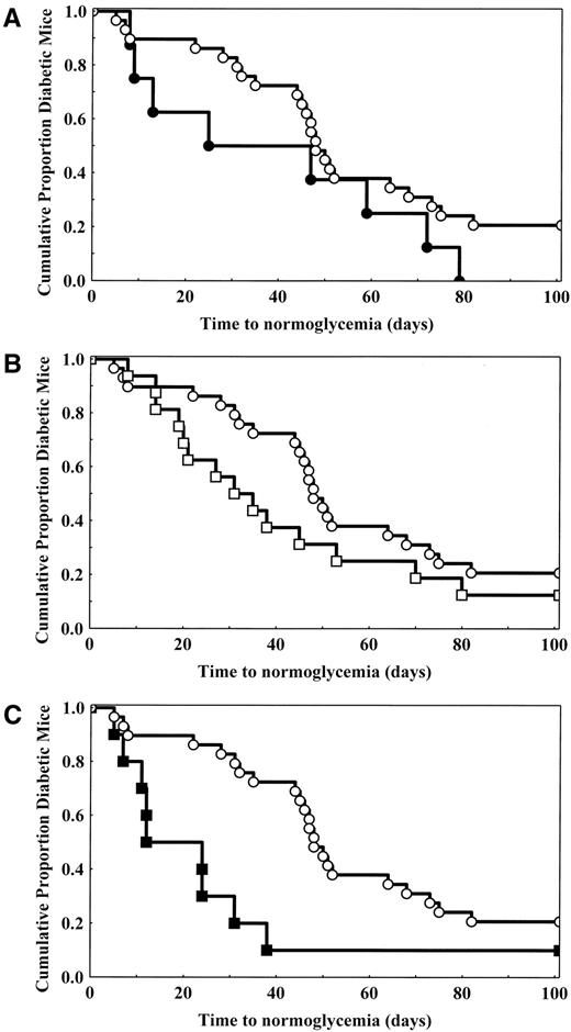 FIG. 5. Time course of return to normoglycemia in mice that received a syngeneic marginal mass islet graft. Chemically induced C57BL/6 mice received 5,000 syngeneic IEN/kg under the kidney capsule. Blood glucose levels were monitored to ascertain reversal of diabetes. Control animals (○; n = 29) received unmanipulated islets and vehicle. MT to return to normoglycemia was 48 ± 30 days. A: Time curve to normoglycemia of recipient animals that received FePP-treated islets (•; n = 8). MT to normoglycemia was 36 ± 28.9 days (P = NS vs. controls). B: Time to normoglycemia of mice that received untreated islets and were treated in vivo with CoPP (□; n = 16; see research design and methods). MT to normoglycemia in this group was 33 ± 30.4 days (P = NS vs. controls). C: Time to normoglycemia in mice that received FePP-treated islets and were treated in vivo with CoPP (▪; n = 10). MT to normoglycemia was 18 ± 28.3 days (P = 0.006 vs. controls).