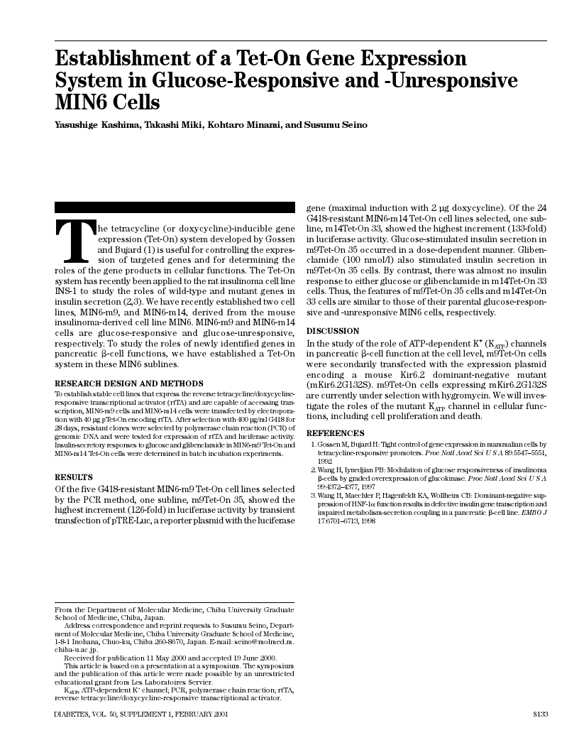 First page of Establishment of a tet-on gene expression system in glucose-responsive and -unresponsive MIN6 cells.
