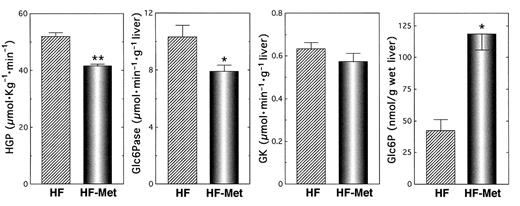 FIG. 1. Determination of basal HGP, Glc6Pase, and GK activities and Glc6P concentration in the liver of HF and HF-Met rats. HGP was assessed and calculated as described in research design and methods. Glc6Pase and GK activities and Glc6P concentrations were assessed in a liver lobe freeze-clamped in situ at the end of the experiment. The results are expressed as the means ± SE (n = 5). *P < 0.05 and **P < 0.01 vs. control.