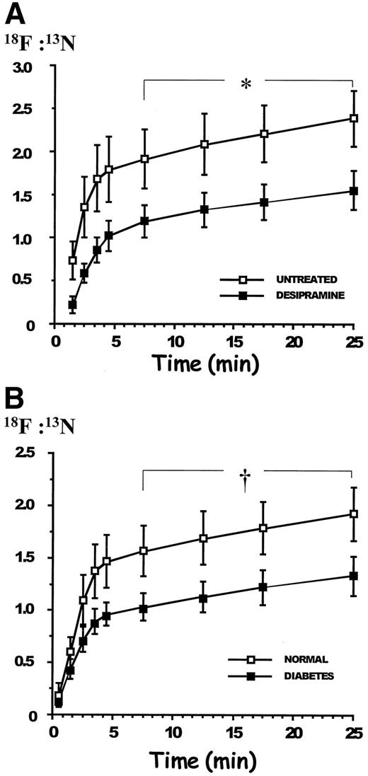FIG. 5. 18F:13N in normal volunteers before and after desipramine treatment (A) and in normal volunteers compared with patients with diabetes (B). *Significantly different from untreated across last four time points. †Significantly different from diabetes across last four time points.