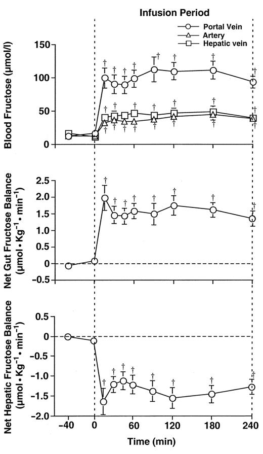 FIG. 2. Arterial, portal, and hepatic vein fructose levels and changes in net hepatic fructose balance before and during continuous intraduodenal infusion of glucose at 44.4 μmol · kg−1 · min−1 with continuous intraduodenal infusion of fructose at 2.22 μmol · kg−1 · min−1 in 42-h-fasted conscious dogs. Data represent means ± SE; n = 9 for each group. †P < 0.05 vs. control period in identical vessel.