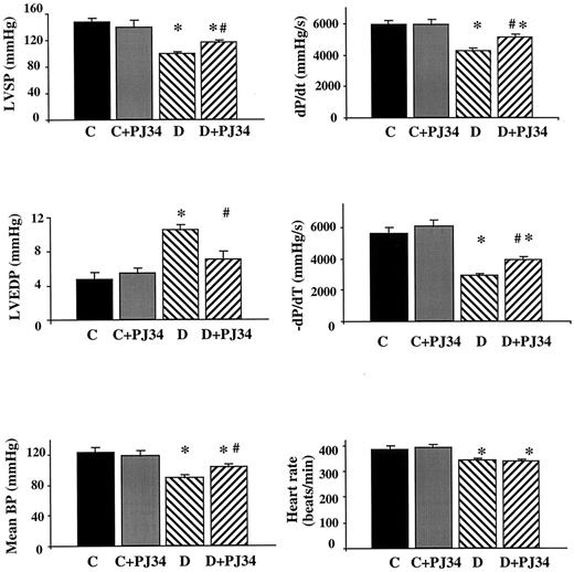 FIG. 4. Preservation of beneficial effects of pharmacological inhibition of PARP on cardiac dysfunction in STZ-induced diabetic rats after discontinuation of the treatment for 3 weeks. Effect of diabetes (10 weeks) and PJ34 on left ventricular systolic pressure (LVSP), left ventricular end diastolic pressure (LVEDP), left ventricular +dP/dt, left ventricular −dp/dt, mean blood pressure (mean BP), and heart rate in rats. C, control; D, diabetic; C+PJ34, control treated with PJ34 (PJ34 treatment was started after 1 week of established diabetes for 6 weeks followed by discontinuation for 3 weeks); D+PJ34, diabetic rat treated with PJ34 (for 6 weeks). Data are means ± SE. *P < 0.05 vs. C; #P < 0.05 vs. D.