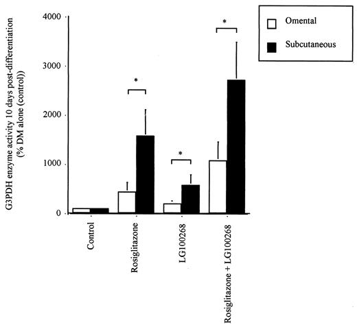 FIG. 6. G3PDH enzyme activity in human OM and SC preadipocytes differentiated for 10 days in DM + vehicle (control), DM + rosiglitazone (10−7 mol/l), DM + LG100268 (10−7 mol/l), or DM + rosiglitazone (10−7 mol/l and LG100268 (10−7mol/l). Results shown are mean percentage of control ± SE from 14 participants, *P = 0.04.