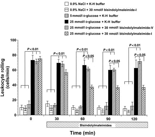 FIG. 2. Effects of bisindolylmaleimide-I and its inactive control compound bisindolylmaleimide-V on leukocyte rolling studied in rat mesenteric venules exposed to 25 mmol/l d-glucose for 12 h. Bisindolylmaleimide-I was superfused on the exposed mesentery at a concentration of 30 nmol/l. Bar heights represent mean values; brackets indicate ± SE.