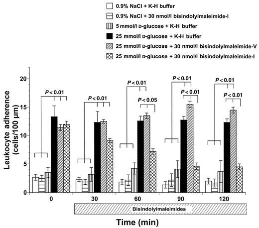 FIG. 3. Effects of bisindolylmaleimide-I and its inactive control compound bisindolylmaleimide-V on leukocyte adherence studied in rat mesenteric venules exposed to 25 mmol/l d-glucose for 12 h. Bisindolylmaleimide-I was superfused on the exposed mesentery at a concentration of 30 nmol/l. Bar heights represent mean values; brackets indicate ± SE.
