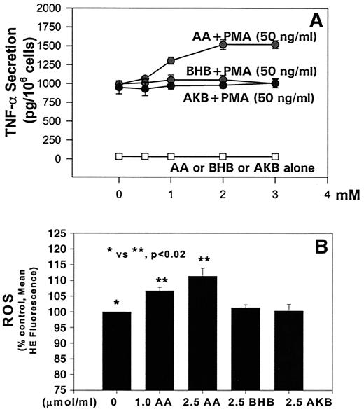 FIG. 2. Effect of AA, BHB, and AKB on TNF-α secretion and ROS production in cultured U937 monocytes. Values are means ± SE of four experiments. A: All values with AA-treated PMA-activated cells were significant (P < 0.02) compared with cells treated with PMA only. B: Differences in values marked * vs. ** are significant (P < 0.05).