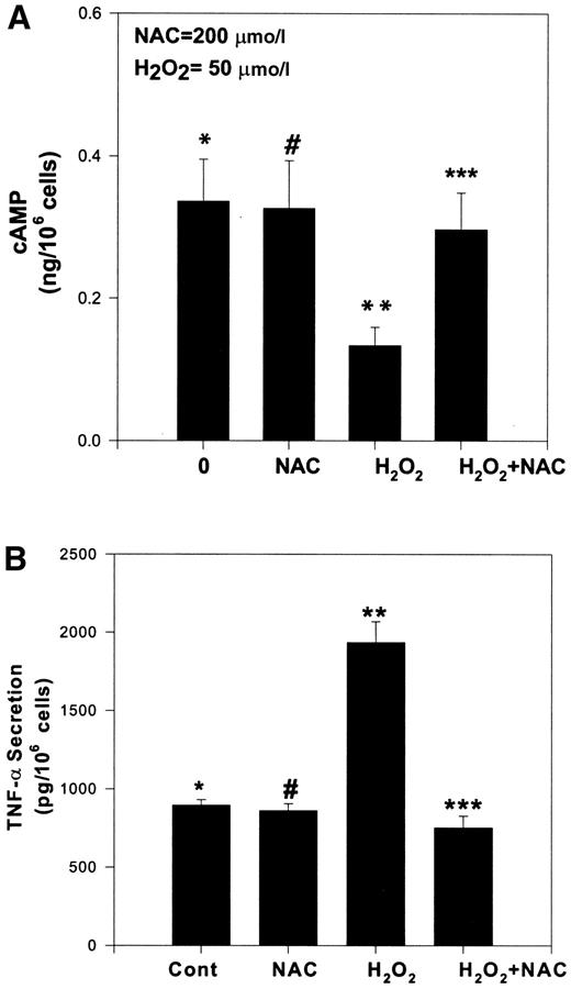 FIG. 5. Effect of H2O2 and NAC on cAMP and TNF-α secretion levels in cultured monocytes. Values are means ± SE of three experiments. A and B: Differences in values marked * vs. ** and ** vs. *** are significant (P < 0.01).