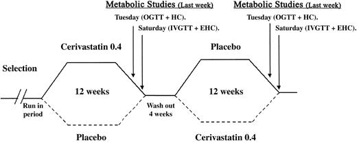 FIG. 1. Each subject was followed for a run-in period of 4 weeks before being chosen at random for daily administration of either cerivastatin (0.4 mg/d) or a placebo with the appearance of an alternative drug. Each treatment period lasted 3 months. There was a washout period of 4 weeks between placebo and cerivastatin. In the last week of each treatment period, on Tuesday an OGTT + HC was performed, and on Saturday an IVGTT + EHC was performed.