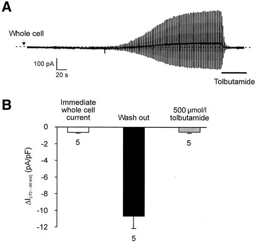 FIG. 4. Whole-cell washout currents in GLUTag cells. A: KATP current measured by standard whole-cell recording from a GLUTag cell. Pipette [ATP] = 0.3 mmol/l. Currents were recorded in response to ±20 mV voltage pulses from a holding potential of −70 mV. The dashed line indicates the zero current level. Tolbutamide (500 μmol/l) was added as indicated by the bar. The trace started immediately after establishment of the whole-cell configuration. B: Mean current amplitudes before washout of ATP, after washout, and after addition of tolbutamide. Currents were measured in response to a −20-mV voltage step from a holding potential of −70 mV. Errors bar represent 1 SE.