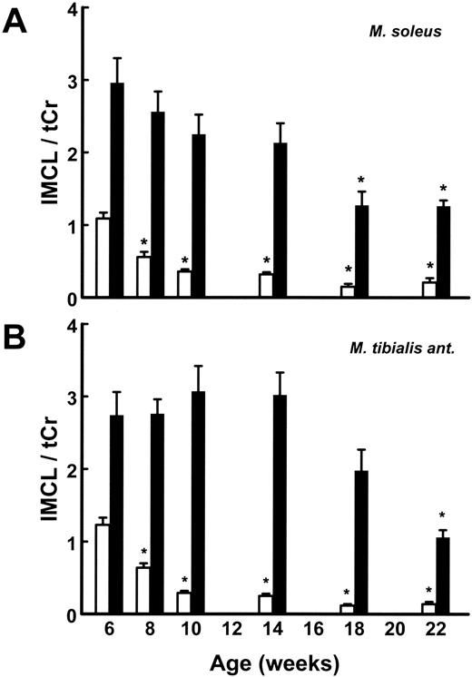 FIG. 2. In vivo 1H-MRS data for IMCL/tCr in M. soleus (A) and M. tibialis anterior (B) in lean (white bars) and obese (black bars) ZDF rats (protocol A). Values are means ± SE, n = 7–8. For the respective age, all values were significantly different (P < 0.001) between lean and obese rats. *P < 0.001 vs. value at 6 weeks of age for the respective rat group.