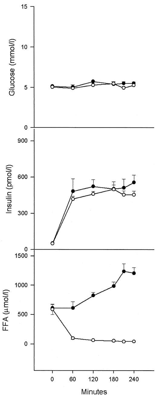 FIG. 1. Plasma glucose, insulin, and FFA concentrations in nine healthy women before and during 4 h of euglycemic-hyperinsulinemic clamping with coinfusion of either Liposyn II (90 ml/h) plus heparin (0.4 units · kg−1 · min−1) (•) or saline plus glycerol (2.25 g/h) (○). Shown are means ± SE.