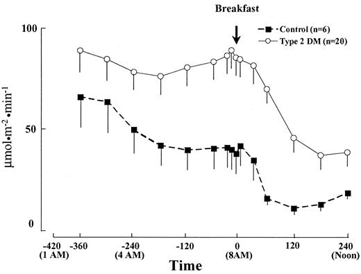 FIG. 2. Palmitate rate of appearance in healthy control subjects and type 2 diabetic subjects at baseline, from 0100 h (−420 min) to noon (240 min).