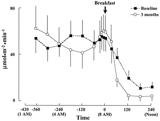 FIG. 5. Palmitate rate of appearance in type 2 diabetic subjects (n = 4) at baseline and after 3 months of troglitazone (600 mg/day), from 0100 h (−420 min) to noon (240 min).