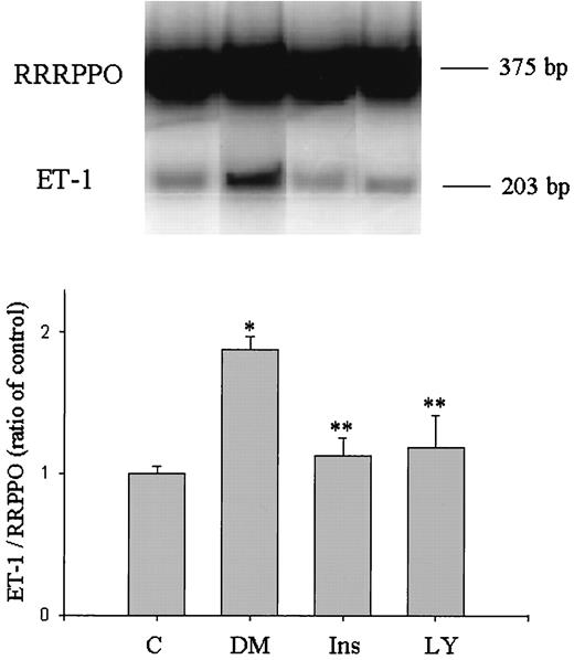 FIG. 2. Effect of diabetes and treatment with insulin or the PKC-β inhibitor LY333531 on ET-1 mRNA expression in retina as determined by RT-PCR. Each bar represents the mean ± SE. C, nondiabetes (n = 4); DM, diabetes (n = 5); Ins, insulin treatment (n = 4); LY, LY333531 (0.062% wt/wt) treatment (n = 4). *P < 0.01 compared with control; **P < 0.01 compared with diabetes.