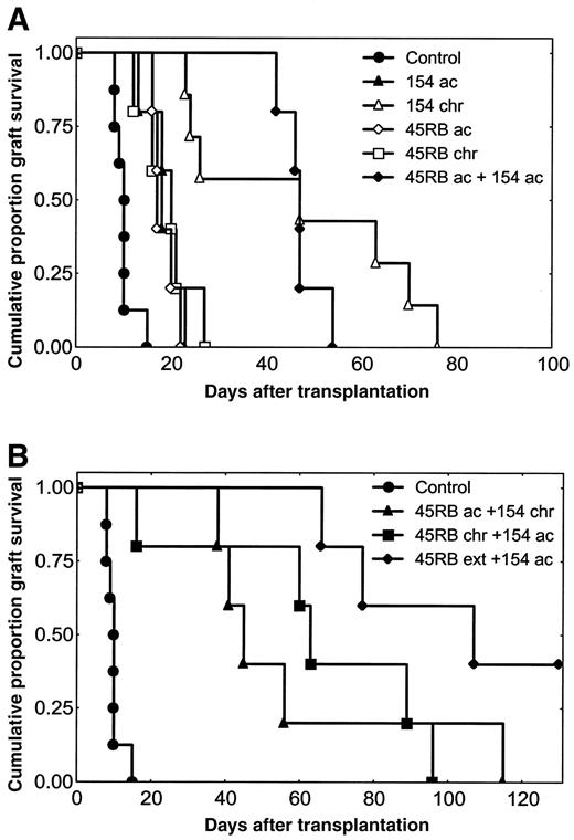 FIG. 1. Allogeneic islet graft survival in spontaneously diabetic NOD mice. NOD mice that received a transplant were treated acutely (ac) with anti-CD154 or anti-CD45RB mAb on days −1, 0, and 5 (induction). Chronic (chr) treatment groups received, after induction, either weekly administration of anti-CD154 or three injections (same schedule as the induction) of the anti-CD45RB mAb semimonthly. A: Prolongation of graft survival was observed in all treated groups (Cox-Mantel test P ≤ 0.002 versus controls). Administration of the combination of both antibodies acutely resulted advantageously when compared with acute single treatments or with chronic anti-CD45RB mAb (P ≤ 0.0018) but not with the group that received chronic anti-CD154 mAb (NS). B: Prolongation of graft survival was observed when, after induction with both antibodies, anti-CD154 administration was repeated weekly (▴), or anti-CD45RB semimonthly administration was maintained until day 50 PO (▪), or anti-CD45RB treatment was given indefinitely (♦; P ≤ 0.04 versus all treated groups).