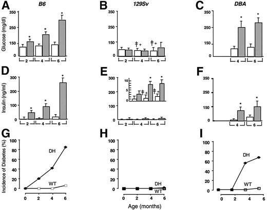 FIG. 4. Massive hyperinsulinemia and hyperglycemia and a higher incidence of diabetes in DH mice on the B6 and DBA strains. Fed blood glucose (A–C) and serum insulin (D–F) in 2-, 4-, and 6-month-old WT (□) and DH (▪) male mice on the three backgrounds. E: Serum insulin levels in mice in the 129Sv strain on an expanded scale. Incidence of diabetes in WT (□) and DH (▪) mice on the B6 (G), 129Sv (H), and DBA (I) backgrounds. Diabetes is defined as fed blood glucose >200 mg/dl. n = 100–110. *P < 0.001, DH vs. WT; ‡P < 0.01, WT (129Sv) vs. WT (B6); +P < 0.05, WT (129Sv) vs. WT (DBA). No data are available at 2 months in the DBA mice.