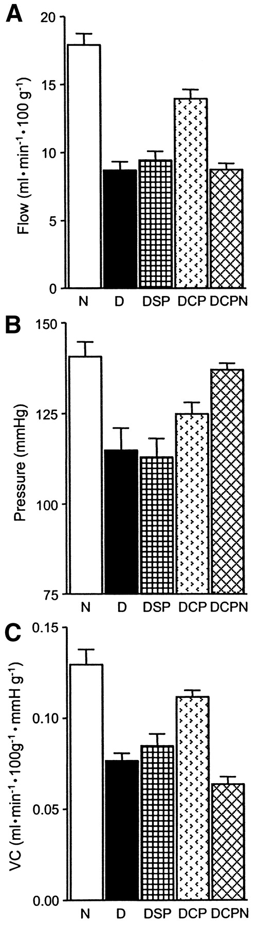 FIG. 3. Effects of diabetes and treatment on sciatic endoneurial nutritive perfusion parameters. Blood flow (A), mean systemic blood pressure (B), and vascular conductance (VC; C). Data are group means + SE; group n values are given in Table 1. N, nondiabetic control group; D, 8-week untreated diabetic group; DSP, diabetic group untreated for 6 weeks and then given scrambled peptide treatment for 2 weeks; DCP, diabetic group untreated for 6 weeks and then given C-peptide treatment for 2 weeks; DCPN, C-peptide-treated diabetic group co-treated with l-NNA (10 mg · kg−1 · day−1). Statistics: blood flow, N vs. D, DSP, DCPN, DCP, P < 0.001; DCP vs. D, DSP, DCPN, P < 0.001. Blood pressure, N or DCPN vs. D, DSP, P < 0.05; N vs. DCP, P < 0.05. Vascular conductance, N vs. D, DSP, DCPN, P < 0.001; DCP vs. D, DCPN, P < 0.001; DCP vs. DSP, P < 0.01. All other comparisons, NS.