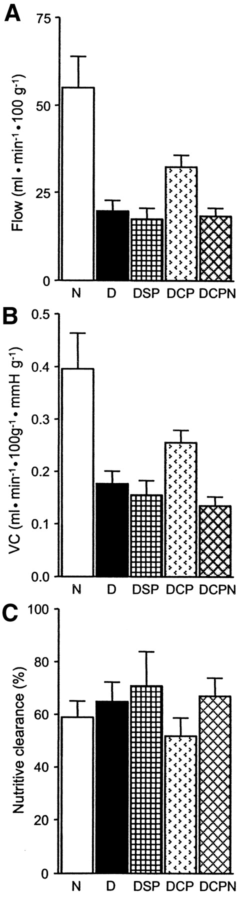 FIG. 4. Effects of diabetes and treatment on sciatic composite (nutritive plus nonnutritive) perfusion parameters. Blood flow (A), vascular conductance (VC; B), and the percentage of hydrogen clearance carried by the nutritive flow component (C). Data are group means + SE; group n values are given in Table 1. N, nondiabetic control group; D, 8-week untreated diabetic group; DSP, diabetic group untreated for 6 weeks and then given scrambled peptide treatment for 2 weeks; DCP, diabetic group untreated for 6 weeks and then given C-peptide treatment for 2 weeks; DCPN, C-peptide-treated diabetic group co-treated with l-NNA (10 mg · kg−1 · day−1). Statistics: flow and conductance, N vs. D, DSP, DCPN, P < 0.01; all other comparisons, NS.