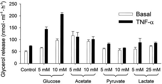 FIG. 4. Effect of alternative substrates on the lipolytic effect of TNF-α. Adipocytes were incubated for 16 h in the absence or presence of TNF-α (50 ng/ml), with no additions (control), or glucose, acetate, pyruvate, or lactate as indicated. The cells were washed, and glycerol release was determined after 1 h as described in Fig. 1. Data are means ± SD (n = 3). Two-way ANOVA showed a significant (P < 0.001) interaction between substrate (control, glucose, acetate, pyruvate, lactate) and condition (basal versus TNF-α). Post hoc comparisons showed a statistically significant (P < 0.001) difference in glycerol release between the basal and TNF-α but in the presence of glucose only.