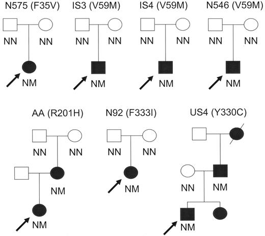 FIG. 1. Families with permanent neonatal diabetes and mutations in the KCNJ11 gene encoding Kir6.2. The partial pedigrees and the predicted amino acid substitutions F35V, V59M, R201H, Y330C, and F333I are shown. Black squares and circles indicate subjects with neonatal diabetes. A slash mark indicates deceased subjects. Allele status is shown as no mutation (N) and mutation (M). Arrows denote the probands in each family. Amino acids are identified by their single-letter codes.