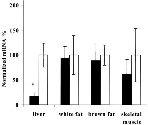 FIG. 2. Glucagon receptor mRNA expression in tissues after GR-ASO treatment of db/db mice. The db/db mice were treated with 25 mg/kg GR-ASO (▪) or vehicle control (□) twice per week for 3 weeks by intraperitoneal injection. After mice were killed, total RNA was isolated from tissues for each treatment group (n = 8) and analyzed by real-time RT-PCR. Glucagon receptor mRNA expression was normalized to total RNA, determined by ribogreen fluorescence, in the same samples. Graph represents the percent of glucagon receptor mRNA levels compared with vehicle control treatment (percent control). Statistical analysis using Student’s t test was performed comparing GR-ASO–treated group with control ASO–treated group. *P < 0.001.