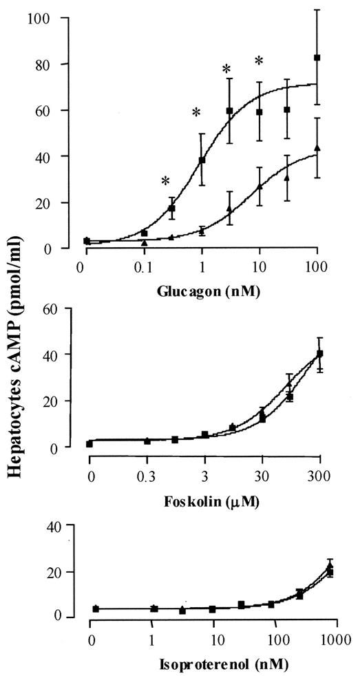FIG. 3. Effect of GR-ASO on hepatocyte cAMP formation. Female db/db mice were treated with GR-ASO (▪) or control ASO (▴) for 3 weeks. Hepatocytes were then isolated from each mice. cAMP formation was measured as indicated in research design and methods. Data represent means ± SE for five mice per each group. *P < 0.05, control vs. treated group at the same glucagon concentration.