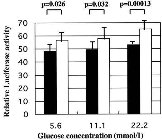 FIG. 1. Comparison of promoter activity according to UCP-2 genotype. Promoter activities of pGL3-G with the UCP-2 −866G allele (▪) and pGL3-A with the UCP-2 −866 A allele (□) were compared. Relative luciferase activities were calculated as the ratio of pGL3-Basic (empty vector) to luciferase activity. Data are as means ± SD (n = 8). The results are representative of three independent experiments.