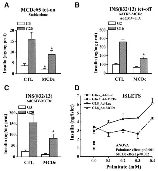 FIG. 4. Glucose-induced insulin release is impaired in various INS cells and isolated rat islets overexpressing MCDc when secretion is measured in the presence of exogenous FFA. A: INSr3-MCDc cells prepared in the absence (CTL) or presence of 1 μg/ml doxycycline (MCDc) as described in Fig. 1A–C. B: INS(832/13) cells infected with AdCMV-tTA/AdTR5-MCDc prepared in the absence (MCDc) or presence of 10 μg/ml doxycycline (CTL) as described in Fig. 1D. C: INS(832/13) cells infected with AdCMV-MCDc (MCDc) or AdCMV-βGal (CTL) prepared as described in research design and methods. Cells were preincubated for 30 min in KRBH containing 3 mmol/l glucose and 0.07% BSA (A and C) or 2 mmol/l glucose and 0.5% BSA (B). Cells were then incubated in KRBH for 1 h in the presence of 0.1 mmol/l palmitate complexed with 0.5% BSA at 3 (G3) and 20 mmol/l (G20) glucose (A and C) or for 45 min in the presence of 0.25 mmol/l palmitate complexed with 0.5% BSA at two (G2) or 16 mmol/l (G16) glucose (B). Data are means ± SE of nine determinations in three separate experiments (A and C) or six determinations in two separate experiments (B). *P < 0.02 compared with CTL for same condition. D: Isolated rat islets were infected as detailed in research design and methods with AdCMV-luciferase (Ad-Luc) as control or AdCMV-MCDc (Ad-MCDc) to overexpress MCDc. Batches of 10 islets each were washed twice in KRBH containing 0.1% BSA and 2.8 mmol/l glucose and preincubated for 20 min at 37°C. Islets were then incubated for 1 h in fresh KRBH medium containing 0.5% BSA at 2.8 or 16.7 mmol/l glucose in the presence of the concentrations of palmitate as indicated. Data are means ± SE of three separate experiments. Two-way ANOVA is indicated.