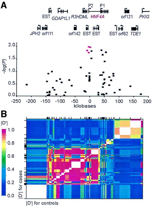 FIG. 1. Association of the HNF4A region with type 2 diabetes and intermarker LD. A: −log10 P values of the differences in allele frequencies between type 2 diabetic case (n = 795) and control (n = 414) subjects were plotted against physical distance. At the top, exons of known and predicted genes and expressed sequence tags are shown, with the direction of transcription indicated by arrows. The two promoters of HNF4A are labeled P1 and P2. The location of the four SNPs that are associated with diabetes status in both Finns and Ashkenazi (23) samples are colored red. B: The pairwise marker LD between SNPs. The axes are scaled by marker distance (kb), and each SNP location is indicated by a tick mark. The LD between a pair of markers is indicated by the color of the block above and to the right of the intersection of the markers.