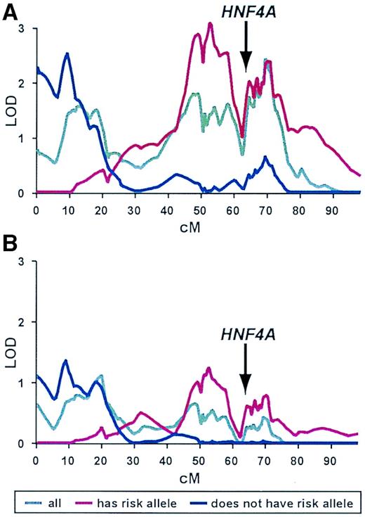 FIG. 3. Linkage evidence for chromosome 20 by presence/absence of the risk allele for marker rs2144908 in a single affected family member. A: Four-hundred ninety-two FUSION 1 families (gray line), 186 at-risk families (red line), and 306 not-at-risk families (blue line). B: Seven-hundred thirty-two combined FUSION 1 and 2 families (gray line), 270 at-risk families (red line), and 462 not-at-risk families (blue line).