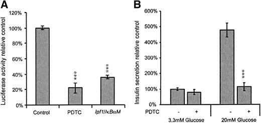 FIG. 1. Attenuation of NF-κB activity blocks GSIS. A: Expression of IκBαM or treatment with PDTC reduces NF-κB reporter activity in MIN6 insulinoma cells. B: Glucose-stimulated insulin secretion in batch-incubated islets. Islets exposed to PDTC do not secrete insulin in response to 20 mmol/l glucose.