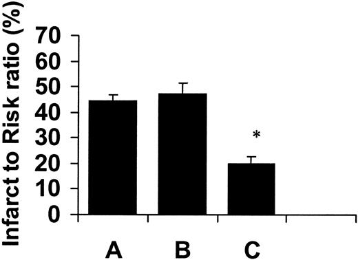 FIG. 2. In vivo myocardial infarct size expressed as a percentage of the risk zone. A: Control (n = 6); B: VP (n = 8); and C: GLP-1 (n = 8). Results are presented as means ± SE (*P < 0.001 vs. control and VP).