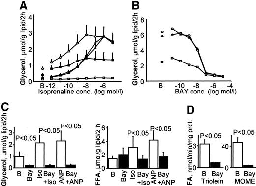 FIG. 3. Effect of BAY on human fat cell lipolysis. A: Antilipolytic effects of BAY (▪, 10−10 mol/l; □, 10−7 mol/l), insulin (•, 10−8 mol/l), and prostaglandin E2 (▵, 10−5 mol/l) on isoprenaline-induced glycerol release. ○, dose-response curve of isoprenaline without antilipolytic agents (n = 4). B: Effect of BAY on basal (□), isoprenaline-induced (○, 10−7 mol/l), and atrial natriuretic peptide–induced (▴, 10−7 mol/l) glycerol release (n = 3). C: Inhibition by BAY (10−5 mol/l) of basal, isoprenaline-induced (Iso, 10−7 mol/l), and atrial natriuretic peptide–induced (ANP, 10−7 mol/l) glycerol and FFA release (n = 6). D: BAY (10−6 mol/l) inhibition of triglyceride (triolein) and diglyceride (MOME) hydrolase activity in human adipose tissue extracts (n = 4).