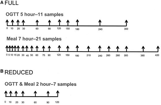 FIG. 1. A: Full protocol sampling schedule of OGTT (5 h, 11 samples) and meal (7 h, 21 samples). B: Reduced protocol sampling schedule for both OGTT and meal (2–7 h samples).
