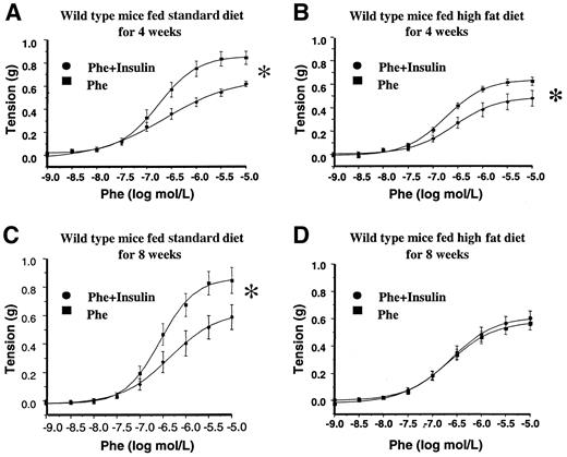 FIG. 4. Phenylephrine (Phe)-dependent vasoconstriction before and after exposure of rings to insulin in WT mice fed a standard (A) or high-fat (B) diet for 4 weeks or fed a standard (C) or high-fat (D) diet for 8 weeks. *P < 0.01.
