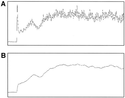 FIG. 4. The “smoothing” effect of the time constant algorithm. A tracing of a patient with an early dominant peak. A: The time constant is set to 0.1 s, and there is a clear early peak followed by a very pulsatile trace. B: The time constant is set to 1 s. Note that the dominant early peak has been lost, and the curve is much smoother. Both are on the same time and flux axis.