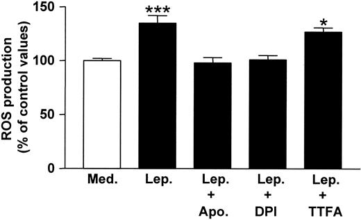 FIG. 2. Effect of NAD(P)H oxidase and mitochondrial electron transport inhibitors on leptin-induced ROS generation in HASMCs. HASMCs were pretreated for 1 h with the NAD(P)H oxidase inhibitors apocynin (Apo; 10 μmol/l) and DPI (10 μmol/l) or with the mitochondrial electron transport inhibitor TTFA (10 μmol/l) and then exposed for 24 h to 100 ng/ml leptin (Lep), with 20 μg/ml DCF-DA added during the final 20-min incubation period. Intracellular ROS generation was quantified by measuring fluorescence. Data represent the means ± SE of four independent experiments. *P < 0.05, ***P < 0.001 vs. medium (Med).