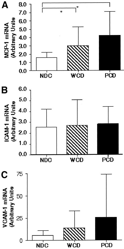 FIG. 4. Expression of MCP-1 (A), ICAM-1 (B), and VCAM-1 (C) mRNA in CD14+ monocytes from control subjects (NDC), well-controlled diabetic patients (WCD), and poorly controlled diabetic patients (PCD). Expression of gene mRNA level was determined by real-time RT-PCR; n = 12 (NDC), n = 16 (WCD), n = 16 (PCD). Data are expressed as means ± SD,*P < 0.05.