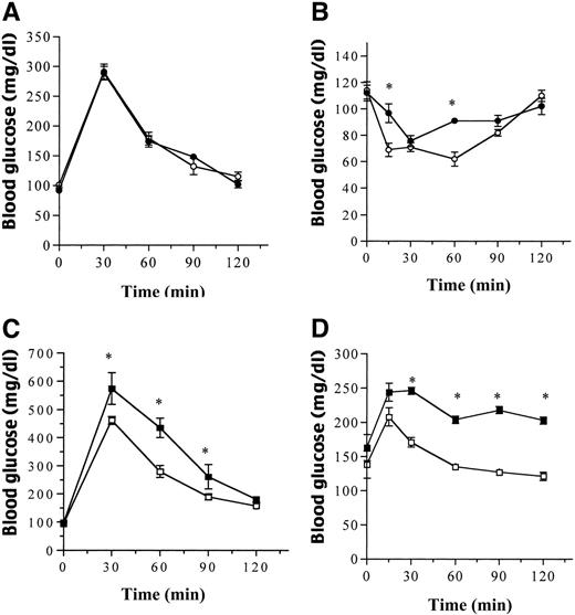 FIG. 2. Glucose and insulin tolerance tests in wild-type (•) and Rko (○) mice (A and B) and in ob/ob (▪) and Rko-ob/ob (□) mice (C and D). Data are the means ± SE, n = 6–8. A and B: *P < 0.001 vs. wild-type mice. C and D: *P < 0.001 vs. ob/ob mice.