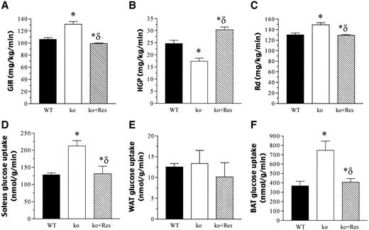 FIG. 5. Hyperinsulinemic-euglycemic clamp in DIO wild-type, Rko, and resistin-treated knockout mice. Data are the means ± SE, n = 6. *P < 0.01 vs. wild-type mice; δP < 0.05 vs. Rko mice. ko, knockout; Res, resistin; WAT, white adipose tissue; WT, wild type.