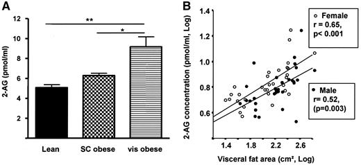 FIG. 1. Circulating 2-AG concentrations in lean and obese subjects. Circulating 2-AG concentrations were measured in one lean control group (BMI <25 kg/m2, n = 20) and in two obese groups (BMI >30 kg/m2) with different fat distribution phenotypes. Fat distribution was determined by measurement of abdominal adipose tissue areas using computed tomography. Subjects were divided in visceral (vis) obese (n = 20) or subcutaneous (SC) obese (n = 20) groups. A: 2-AG is clearly increased in subjects with visceral obesity. No sex differences were found for plasma 2-AG concentrations in the three groups. B: In both men and women, circulating 2-AG concentrations correlate with abdominal visceral fat area as measured by computed tomography scans. Data are means ± SE. *P < 0.05, **P < 0.01 by ANOVA.
