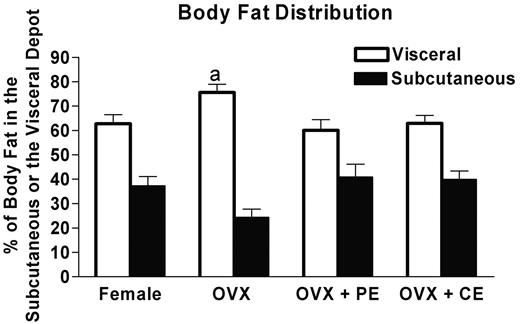 FIG. 7. Ovariectomized females have more visceral fat than intact females, and intact females have more subcutaneous fat as measured by NMR. Peripheral or central administration of 17 β-estradiol restores body fat distribution to that of intact females. Intact females (female; n = 10) had a higher percentage of fat in the subcutaneous depot than ovariectomized females (OVX; n = 10). Ovariectomized females peripherally administered 17 β-estradiol (OVX + PE; n = 20) or centrally administered 17 β-estradiol (OVX + CE; n = 20) had a higher percentage of fat in the subcutaneous depot than ovariectomized females (OVX; n = 20). Estradiol was administered every 4 days for 1 month. Data are expressed as mean ± SE percent of total fat located in each of the different depots. a: P < 0.05 relative to female visceral fat.